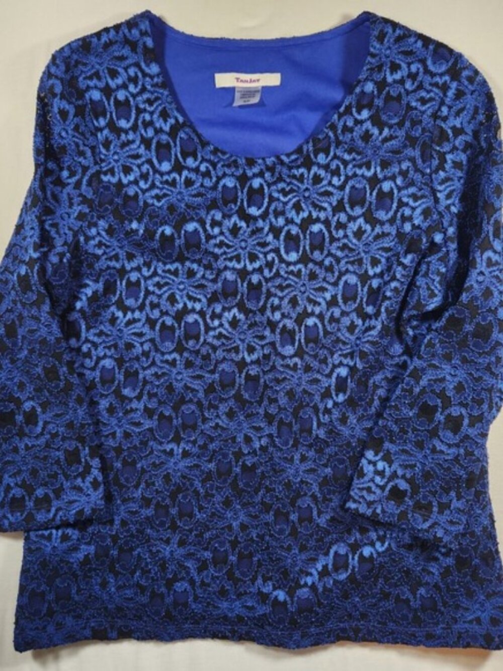 TanJay Blue Black Floral Lace Metallic 3/4 Sleeve Scoop Neck‎ Blouse Small